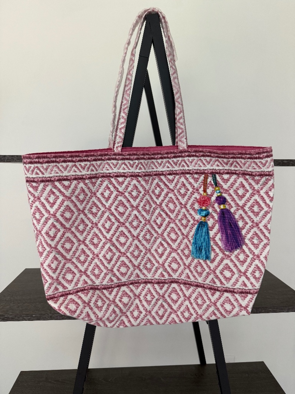 Estée Lauder Pink White Geometric Cotton Tote Bag Tassel Print